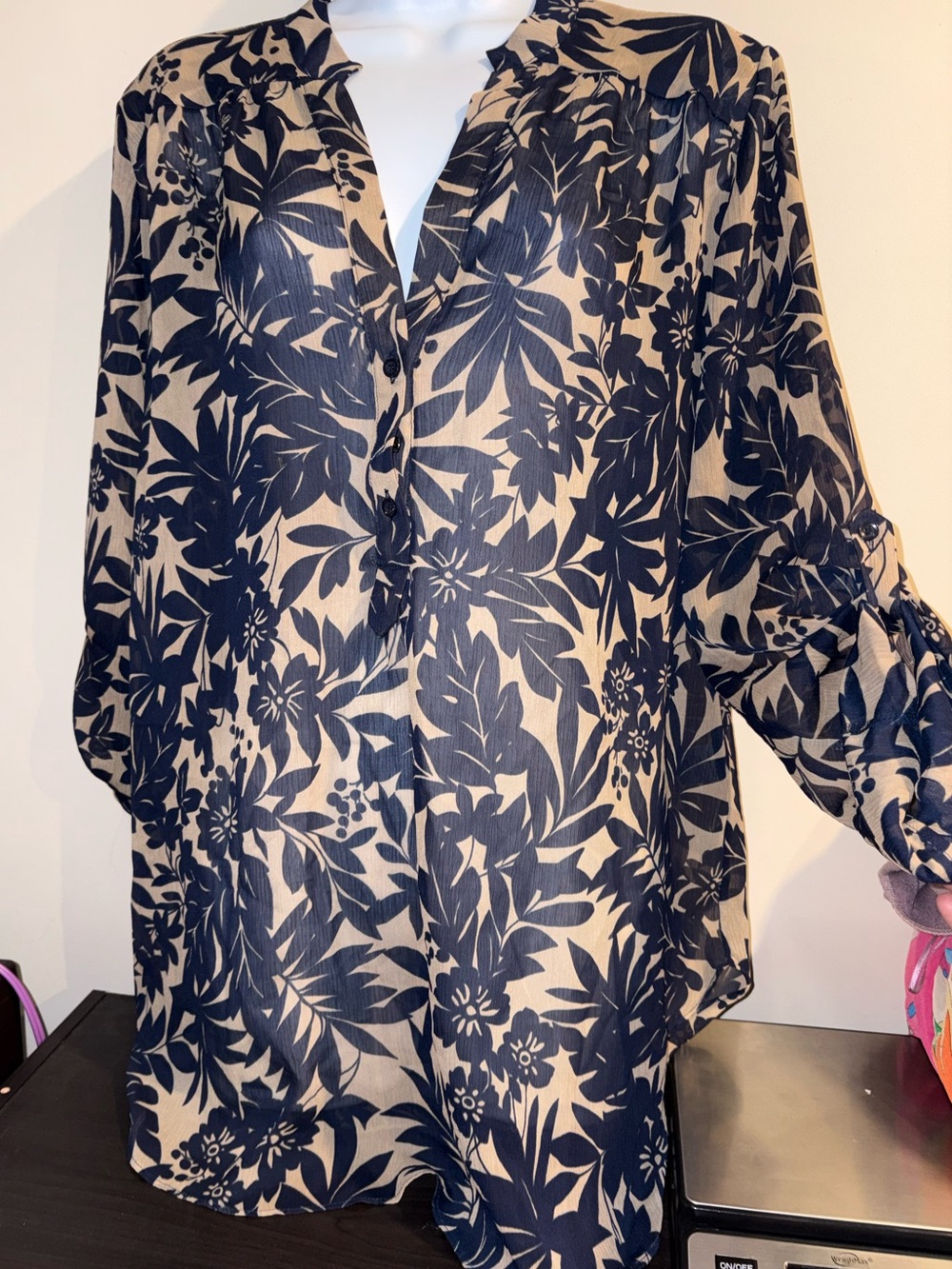 Pleione Navy and Cream Printed Polyester Blouse
